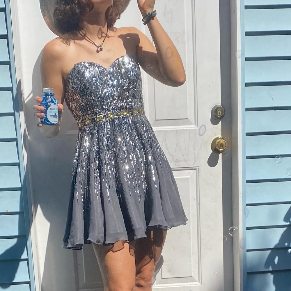 Y2K Sherri Hill silk Strapless Silver Sequin beaded Cocktail mini Dress prom